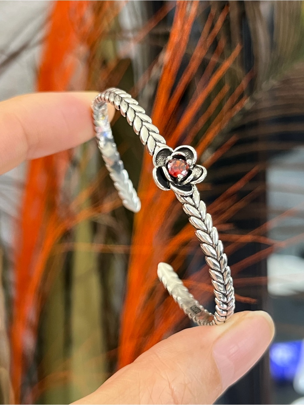 S925 silver red gem flower with leaves cuff bangle bracelet for women girls